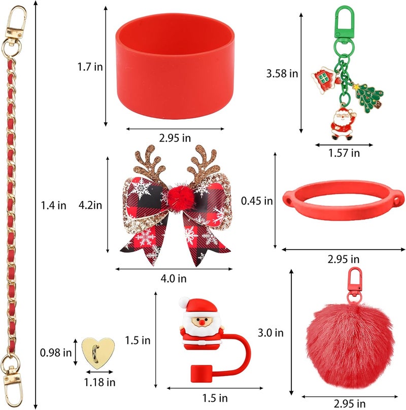 SEMATA Christmas Accessories for Stanley Cup 40oz & 30oz Tumbler Including Silicone Cute Santa Claus Straw Topper Cover, Cup Boot,Leather Water Bottle Handle Strap, Charms(Red Green) - Image 3